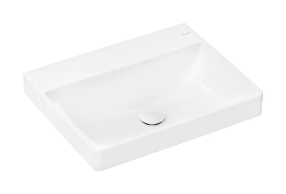 Weißes Waschbecken von Hansgrohe ohne Hahnloch und Überlauf, mit schlichten Linien und glatter Oberfläche, geeignet für Badezimmermontage.